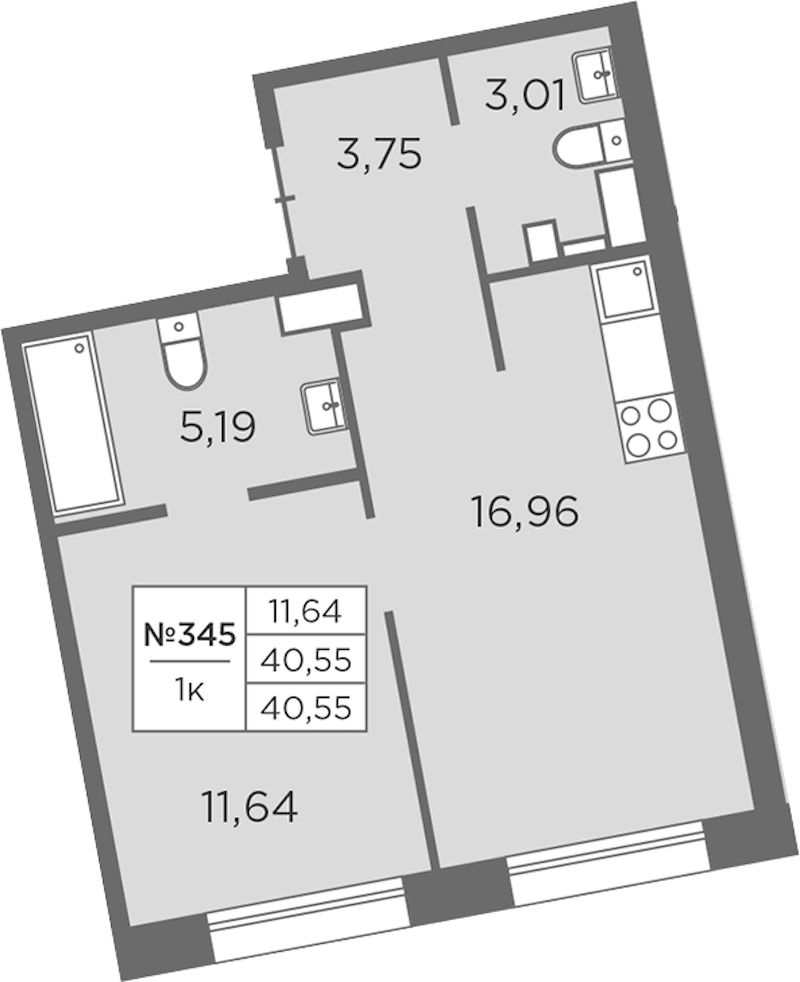 1-комнатная квартира 40.55 м², 6/8 эт., ЖК «Северная Корона»
